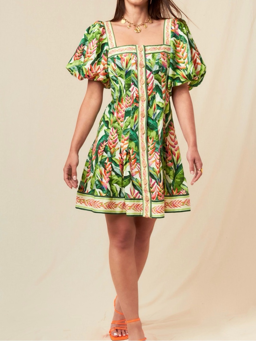 FARM Rio Green Tropical Square-Neck Puff Sleeve Mini Dress
